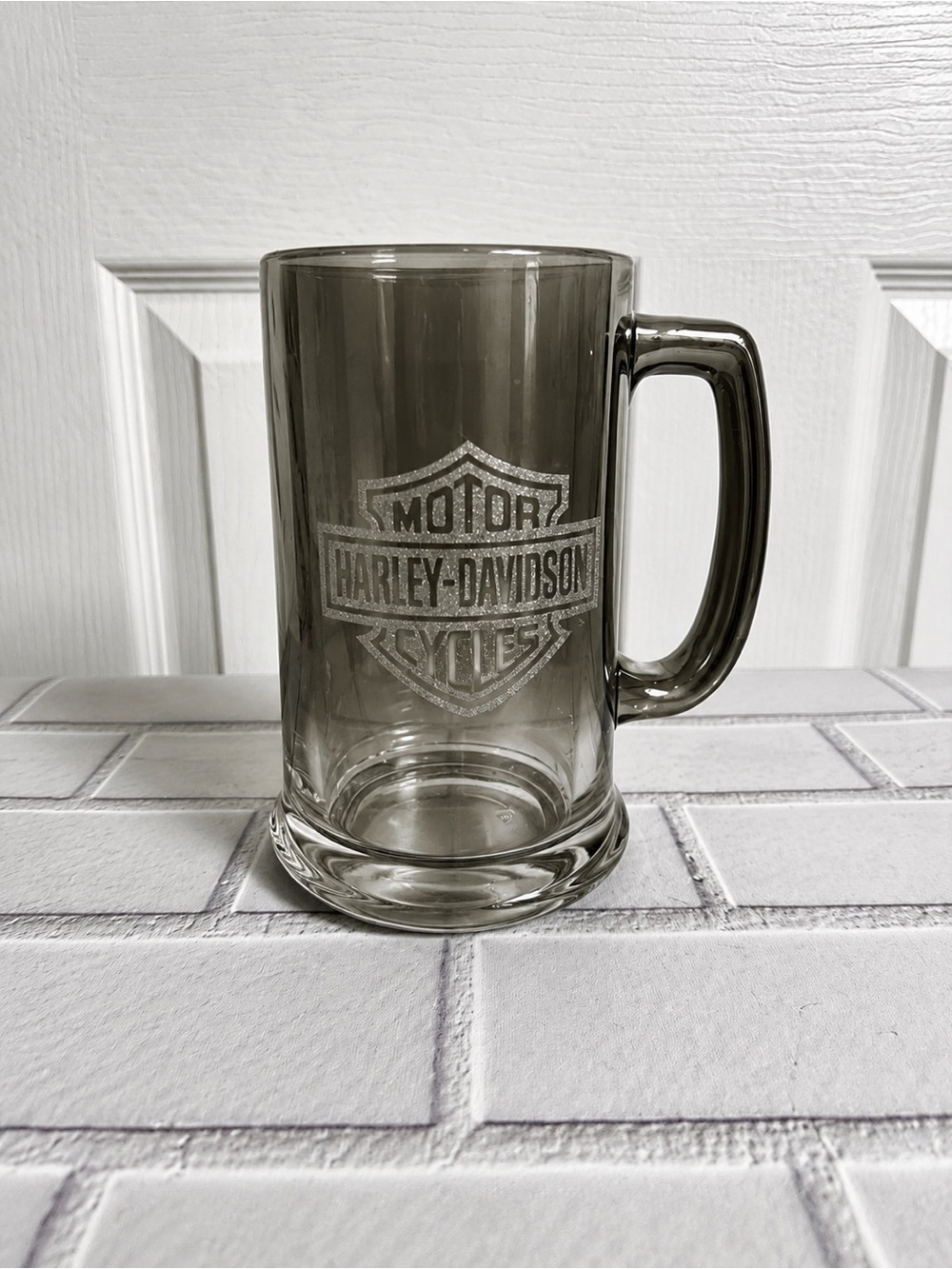 Harley-Davidson Smoky Glass Beer Mug Stein Silver Logo Heavy Glass Barware